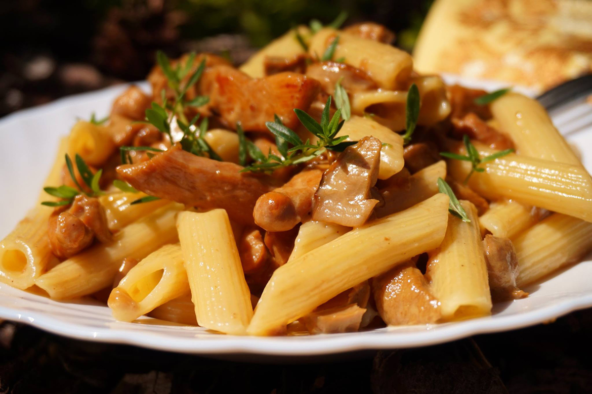 Penne s kuřecím masem a hříbkovou omáčkou